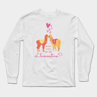 Cute Will You Be My Llamentine Romantic Animal Pun Saying for Valentines Long Sleeve T-Shirt